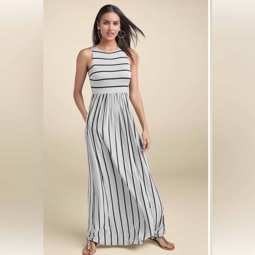 Elegant Striped Sleeveless Maxi Dress - Grey
